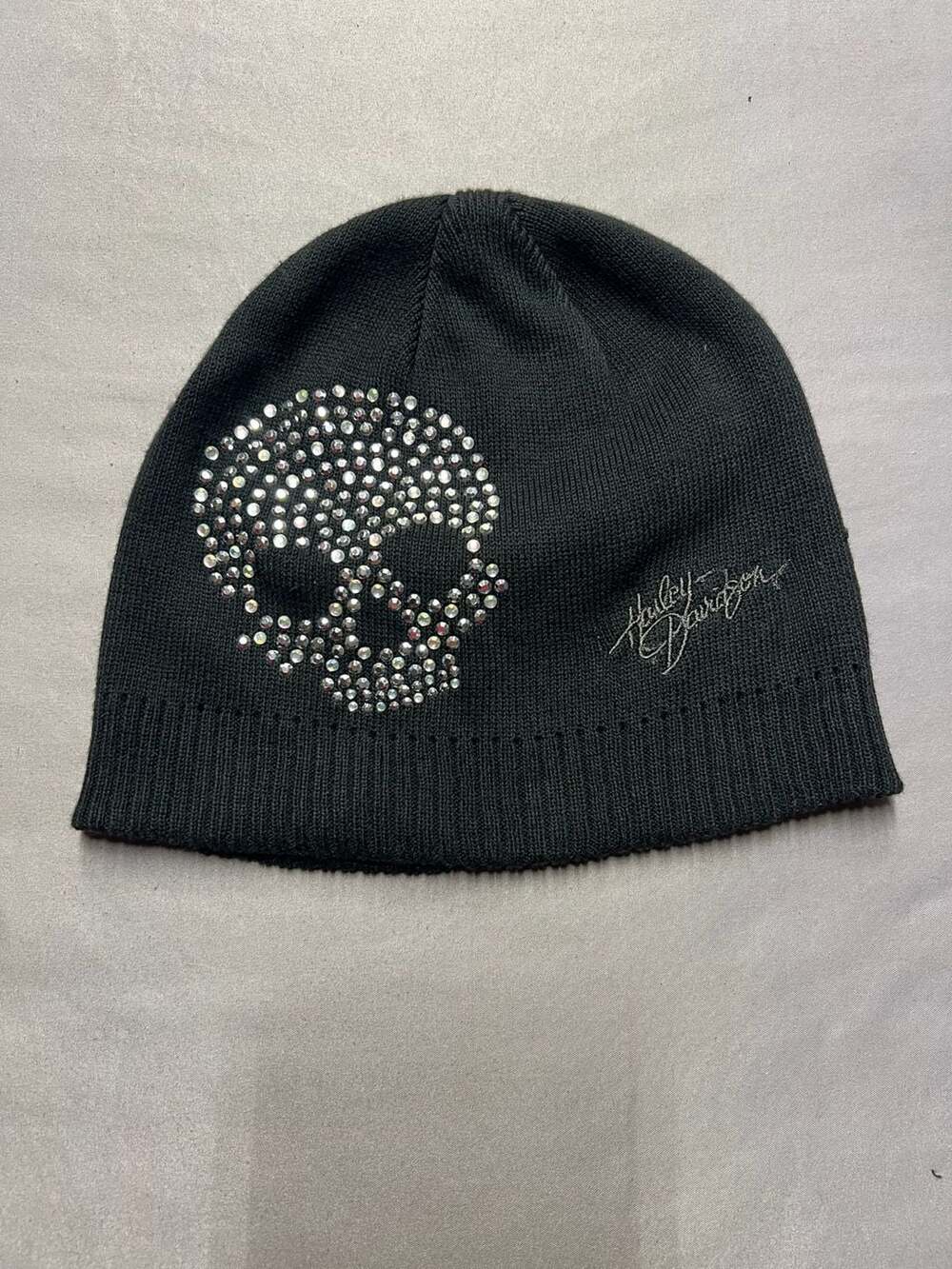Harley-Davidson Crystal Skull Rhinestone Beanie Black Y2K bikercore
